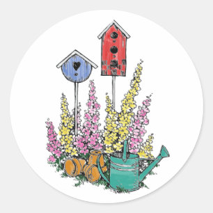 Sticker Rond Russe Birdhouse Garden Aquarelle croquis