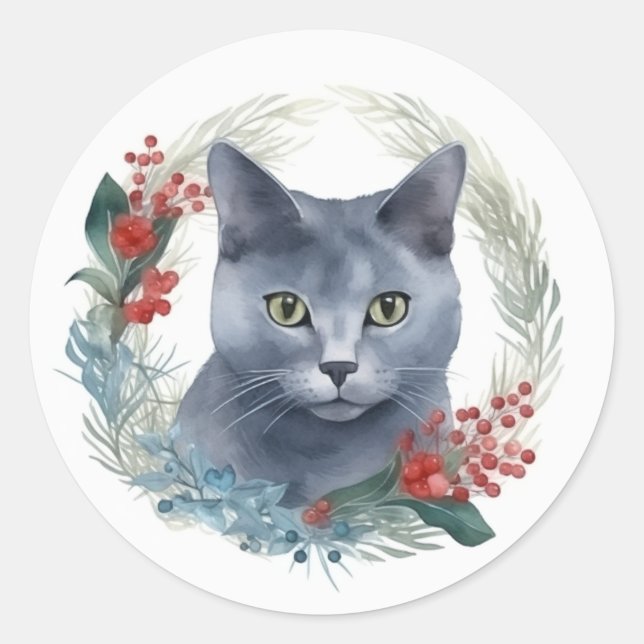 Sticker Rond Russe Blue Chat Noël Wreath Festive Kitten (Devant)