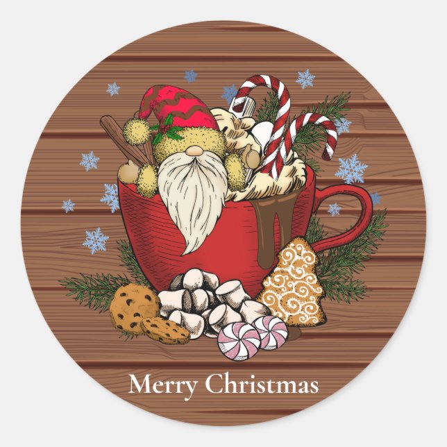 Sticker Rond Russe Brown Gnome Joyeux Noël Flacons de neige (Devant)