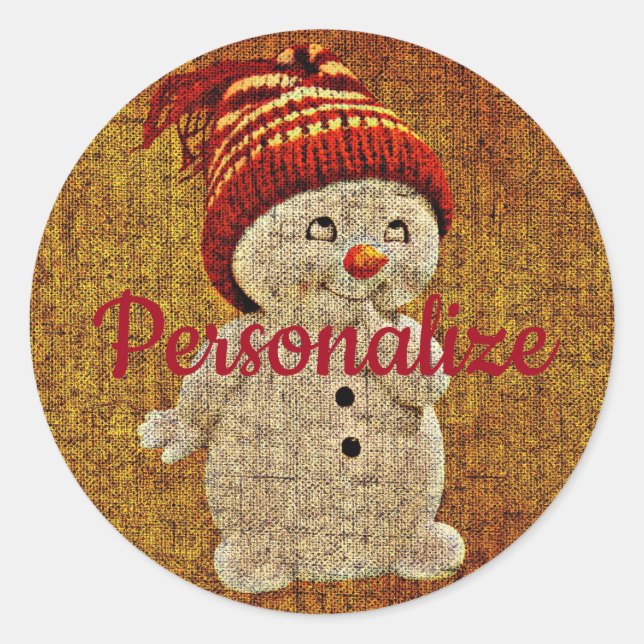 Sticker Rond Russe Snowman sur burlap mignon brun hiver rouge (Devant)