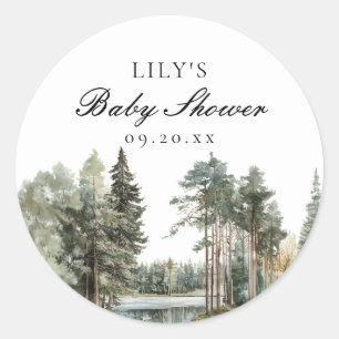 Sticker Rond Russe Watercolor Lake Forest Baby shower forestier