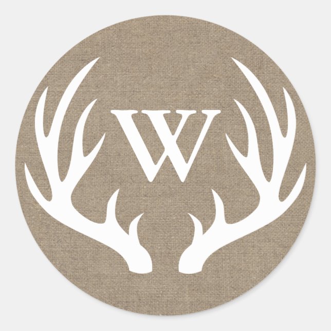 Sticker Rond Russe White Deer Antlers Burlap Lettre initiale (Devant)