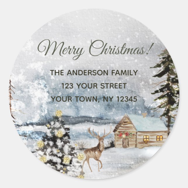 Sticker Rond Russe Winter Forest Christmas Tree Deer Adresse (Devant)