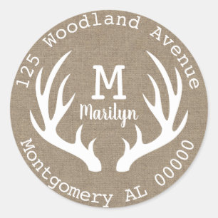 Sticker Rond Russe Woodland Deer Antlers Faux Burlap Adresse