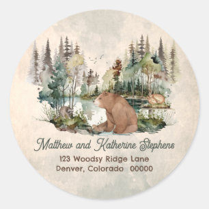 Sticker Rond Russe Woodland Forest Bear Adresse de retour