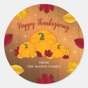 Sticker Rond Russe Woodsy Thanksgiving Citrouilles Fall Leaves