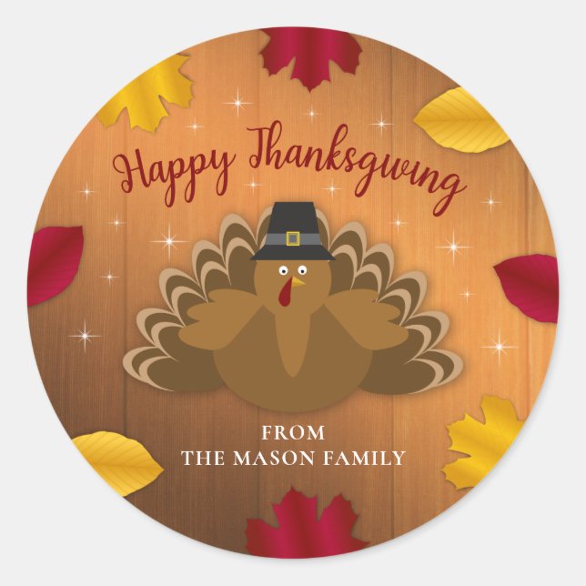 Sticker Rond Russe Woodsy Thanksgiving Turquie Feuilles d'autom (Devant)