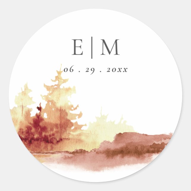 Sticker Rond Rust Orange Jaune Automne Arbres Monogramme Mariag (Devant)