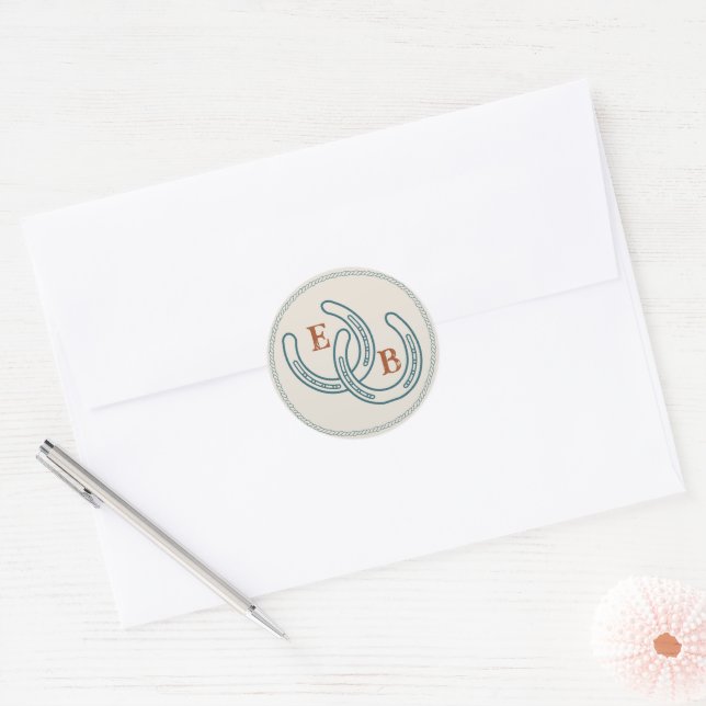 Sticker Rond Rust Teal Western Horseshoe Wedding Monogram (Enveloppe)