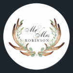 Sticker Rond Rustic Antler et Vine Aquarelle Mr & Mrs.<br><div class="desc">Par Honey & Birch Studios</div>