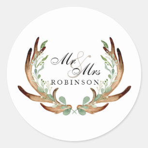 Sticker Rond Rustic Antler et Vine Aquarelle Mr & Mrs.