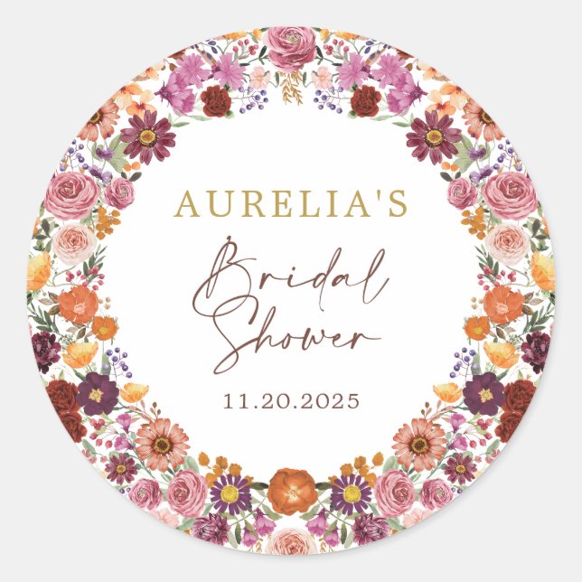 Sticker Rond Rustic Autumn Floral Wreath Bridal Shower (Devant)