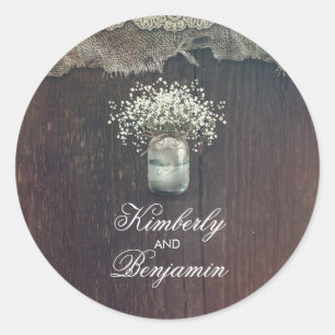 Sticker Rond Rustic Baby's Breath Mason Jar Barn Mariage