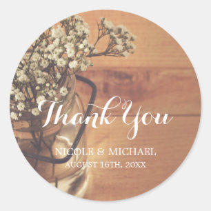 Sticker Rond Rustic Baby's Breath Mason Jar Mariage en bois
