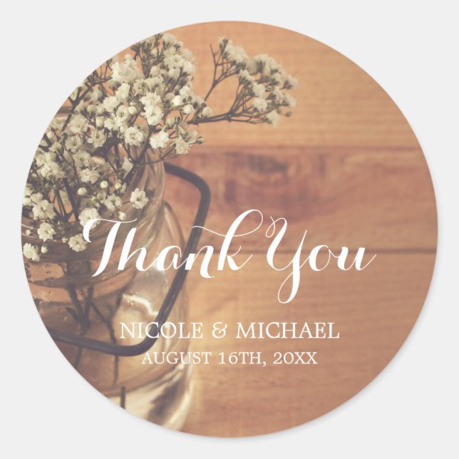 Sticker Rond Rustic Baby's Breath Mason Jar Mariage en bois (Devant)