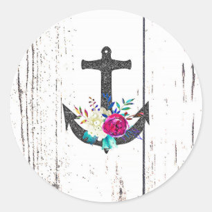 Sticker Rond Rustic Beach Anchor & Bold Floral Summer Nautical