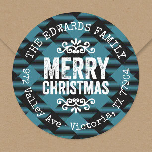 Sticker Rond Rustic Blue Buffalo Check Holiday Adresse de retou