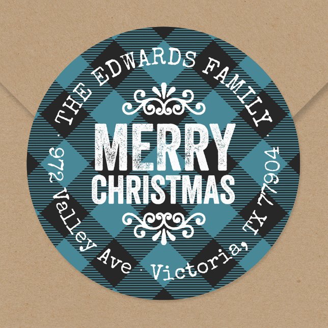 Sticker Rond Rustic Blue Buffalo Check Holiday Adresse de retou (Créateur téléchargé)