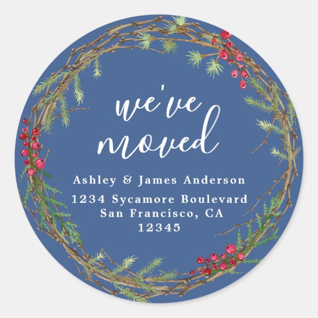 Sticker Rond Rustic Blue Wreath We’ve Moved Address (Devant)