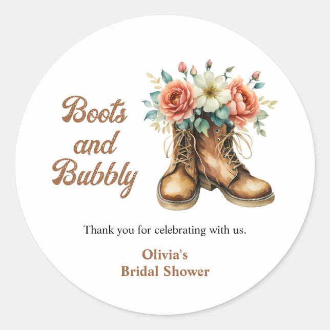 Sticker Rond Rustic Boots and Bubbly Western Bridal Shower  (Devant)
