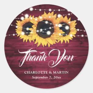 Sticker Rond Rustic Burgundy Sunflower Thank You Wedding Favor