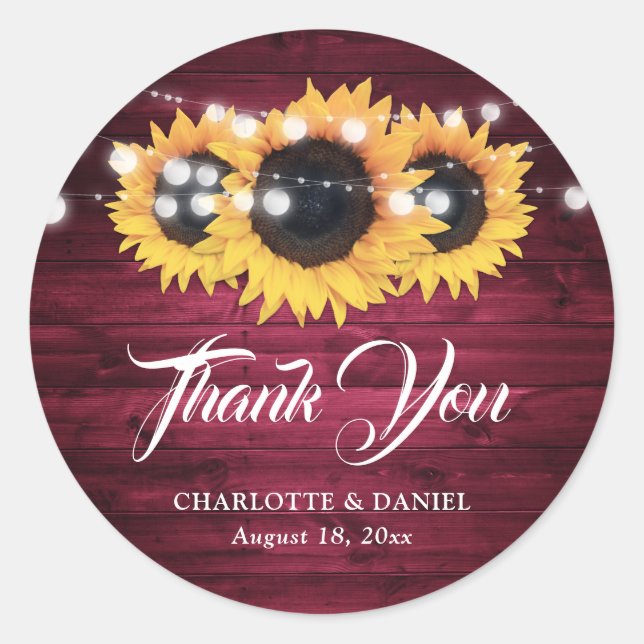 Sticker Rond Rustic Burgundy Sunflower Thank You Wedding Favor (Devant)