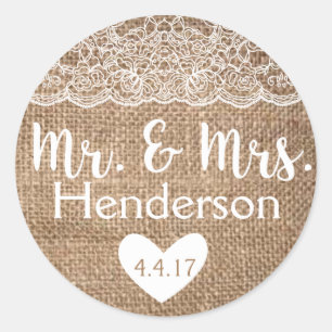 Sticker Rond Rustic, Burlap & Lace, M. & Mme Stickers- Faveurs