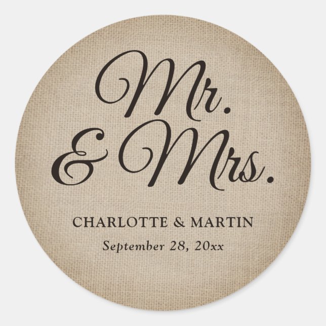 Sticker Rond Rustic Burlap M. et Mme la Mariage (Devant)
