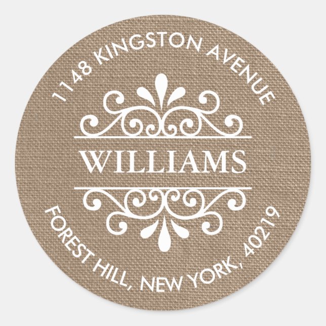 Sticker Rond Rustic Burlap Ornate Swirls Adresse de retour pers (Devant)