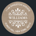 Sticker Rond Rustic Burlap Ornate Swirls Adresse de retour pers<br><div class="desc">Ajoutez facilement votre adresse de retour en utilisant ces autocollants simples mais très tendance. Ce design unique comprend votre nom et votre adresse à l'intérieur d'un autocollant en forme de cercle avec un design tendance orné.</div>