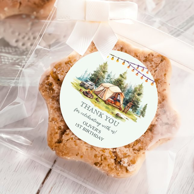 Sticker Rond Rustic Camping fête d'anniversaire (Créateur téléchargé)