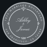 Sticker Rond Rustic Chic Future M. Mme Retour Adresse Hors-Noir<br><div class="desc">Chic, moderne et simple mariage retour adresse classique collant rond avec le texte le futur M et Mme en blanc élégant calligraphie manuscrite sur un arrière - plan non noir orné de lauriers et d'autres détails décoratifs rustiques. Ajoutez simplement votre nom et votre adresse. Conçu exclusivement pour vous par Happy...</div>