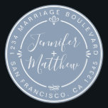 Sticker Rond Rustic Chic Mariage Adresse de retour Vintage Bleu<br><div class="desc">Chic, moderne et simple mariage fait maison autocollant d'adresse de retour avec vos noms et adresse en blanc élégante calligraphie manuscrite et typographie stylisée sur un arrière - plan bleu vintage, orné de lauriers et autres détails décoratifs rustiques. Ajoutez simplement votre nom et votre adresse de monogramme conçus exclusivement pour...</div>