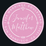 Sticker Rond Rustic Chic Mariage Monogramme Adresse de retour R<br><div class="desc">Chic, moderne et simple mariage fait maison autocollant d'adresse de retour avec vos noms et adresse en blanc élégante calligraphie manuscrite et typographie stylisée sur un arrière - plan rose fuchsia, agrémenté de lauriers et autres détails décoratifs rustiques. Ajoutez simplement votre nom et votre adresse de monogramme conçus exclusivement pour...</div>