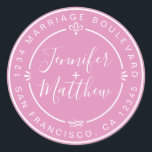 Sticker Rond Rustic Chic Mariage Monogramme Adresse de retour R<br><div class="desc">Chic, moderne et simple mariage fait maison autocollant d'adresse de retour avec vos noms et adresse en blanc élégante calligraphie manuscrite et typographie stylisée sur un arrière - plan rose fuchsia, agrémenté de lauriers et autres détails décoratifs rustiques. Ajoutez simplement votre nom et votre adresse de monogramme conçus exclusivement pour...</div>