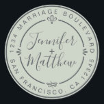 Sticker Rond Rustic Chic Mariage Monogramme Retourner Adresse G<br><div class="desc">Chic, moderne et simple mariage fait maison autocollant d'adresse de retour avec vos noms et adresse en noir élégant script calligraphie et typographie stylisée sur un arrière - plan vert pastel, agrémenté de lauriers et autres détails décoratifs rustiques. Ajoutez simplement votre nom et votre adresse de monogramme conçus exclusivement pour...</div>