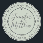 Sticker Rond Rustic Chic Mariage Monogramme Retourner Adresse G<br><div class="desc">Chic, moderne et simple mariage fait maison autocollant d'adresse de retour avec vos noms et adresse en noir élégant script calligraphie et typographie stylisée sur un arrière - plan vert pastel, agrémenté de lauriers et autres détails décoratifs rustiques. Ajoutez simplement votre nom et votre adresse de monogramme conçus exclusivement pour...</div>