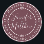 Sticker Rond Rustic Chic Mariage Retour Adresse Bourgogne<br><div class="desc">Chic, moderne et simple mariage fait maison autocollant d'adresse de retour avec vos noms et adresse en blanc élégante calligraphie manuscrite et typographie stylisée sur un arrière - plan bordeaux profond, agrémenté de lauriers et autres détails décoratifs rustiques. Ajoutez simplement votre nom et votre adresse de monogramme conçus exclusivement pour...</div>