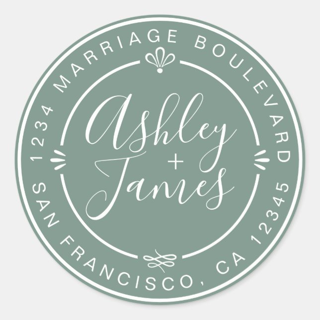Sticker Rond Rustic Chic Mariage Retour Adresse Dusty Green (Devant)
