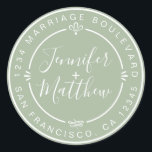 Sticker Rond Rustic Chic Mariage Retour Adresse Laurel Green<br><div class="desc">Chic, moderne et simple mariage fait maison autocollant d'adresse de retour avec vos noms et adresse en blanc élégante calligraphie manuscrite et typographie stylisée sur un arrière - plan vert laurier, orné de lauriers et d'autres détails décoratifs rustiques. Ajoutez simplement votre nom et votre adresse de monogramme conçus exclusivement pour...</div>