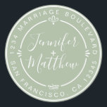 Sticker Rond Rustic Chic Mariage Retour Adresse Laurel Green<br><div class="desc">Chic, moderne et simple mariage fait maison autocollant d'adresse de retour avec vos noms et adresse en blanc élégante calligraphie manuscrite et typographie stylisée sur un arrière - plan vert laurier, orné de lauriers et d'autres détails décoratifs rustiques. Ajoutez simplement votre nom et votre adresse de monogramme conçus exclusivement pour...</div>