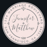 Sticker Rond Rustic Chic Mariage Retour Adresse Pastel Pink<br><div class="desc">Chic, moderne et simple mariage fait maison autocollant d'adresse de retour avec vos noms et adresse en noir élégant script calligraphie et typographie stylisée sur un arrière - plan rose pastel, agrémenté de lauriers et autres détails décoratifs rustiques. Ajoutez simplement votre nom et votre adresse de monogramme conçus exclusivement pour...</div>
