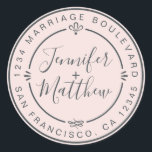 Sticker Rond Rustic Chic Mariage Retour Adresse Pastel Pink<br><div class="desc">Chic, moderne et simple mariage fait maison autocollant d'adresse de retour avec vos noms et adresse en noir élégant script calligraphie et typographie stylisée sur un arrière - plan rose pastel, agrémenté de lauriers et autres détails décoratifs rustiques. Ajoutez simplement votre nom et votre adresse de monogramme conçus exclusivement pour...</div>