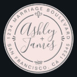 Sticker Rond Rustic Chic Mariage Retour Adresse Pastel Pink<br><div class="desc">Chic, moderne et simple mariage fait maison autocollant d'adresse de retour avec vos noms et adresse en blanc élégante calligraphie manuscrite et typographie stylisée sur un arrière - plan rose pastel, agrémenté de lauriers et autres détails décoratifs rustiques. Ajoutez simplement votre nom et votre adresse de monogramme conçus exclusivement pour...</div>