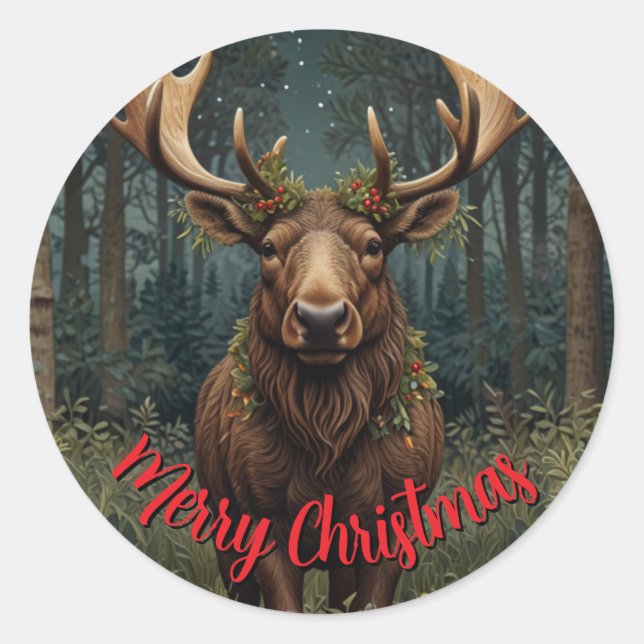 Sticker Rond Rustic Christmas moose deer boho woodland forest  (Devant)