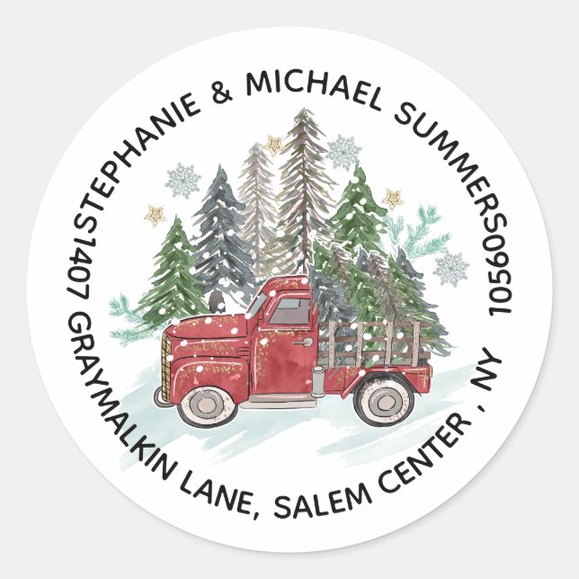 Sticker Rond Rustic Christmas Truck Trees Round Return Adresse (Devant)
