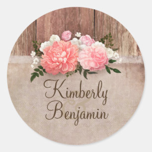 Sticker Rond Rustic Country Bois et Mariage Floral Burlap