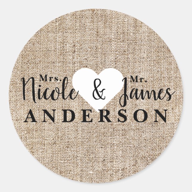 Sticker Rond Rustic Country Burlap Mariage personnalisé Faveur (Devant)