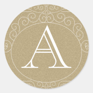 Sticker Rond Rustic Country Burlap Monogramme Mariage Faveur