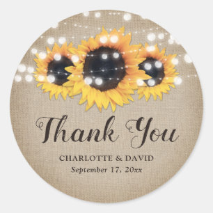 Sticker Rond Rustic Country Burlap Sunflower Mariage Faveur